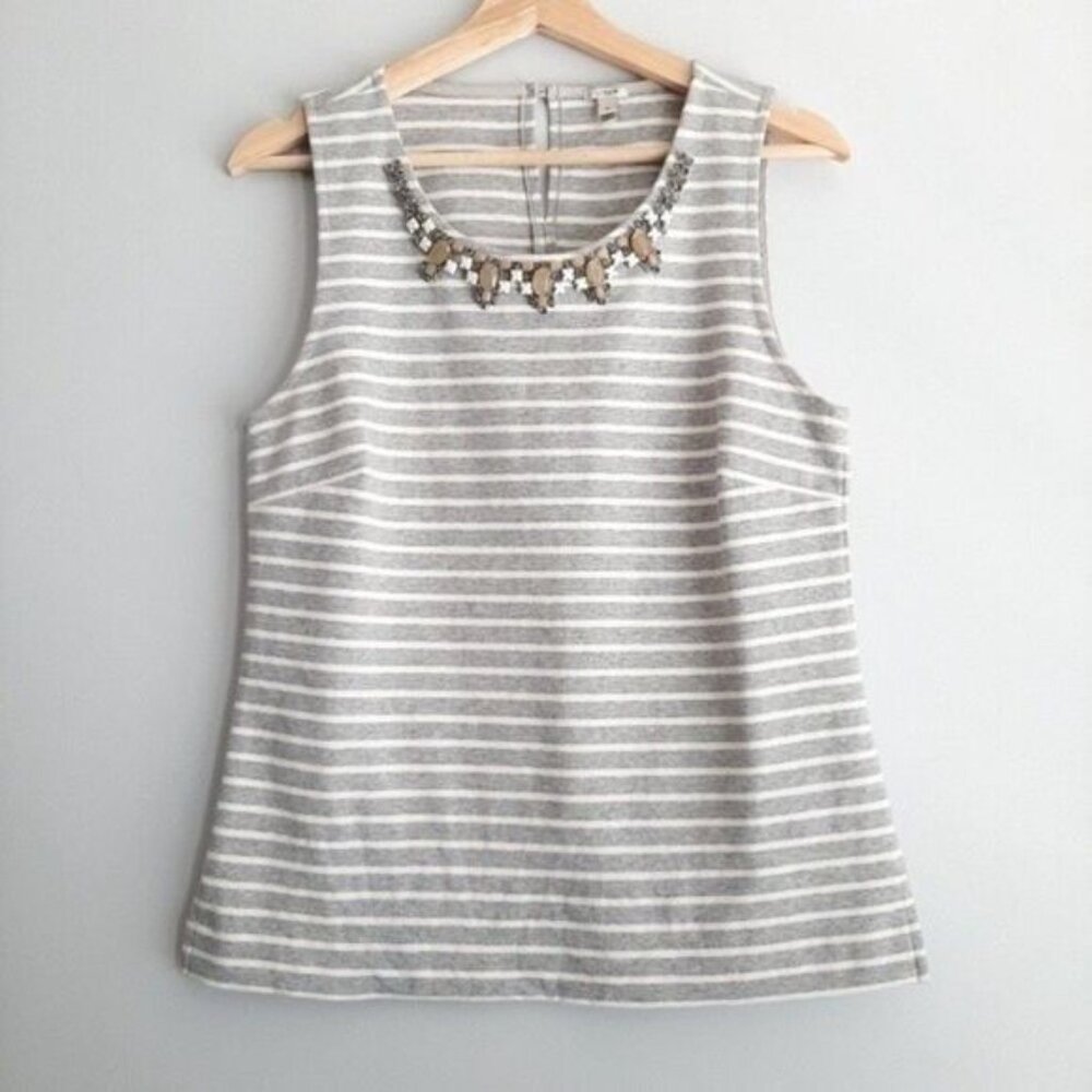 J. CREW / Striped Jeweled Neckline Tank Top Gray & White Sleeveless Sz S